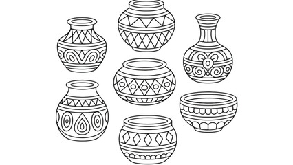Seven outlined pots and vases with various patterns in black and white
