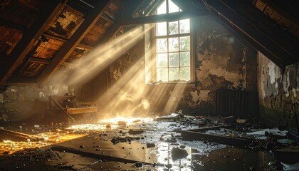 Sunbeams illuminating a derelict attic with debris scattered across the floor and peeling paint on the walls highlighting the decay and neglect in a rustic abandoned building