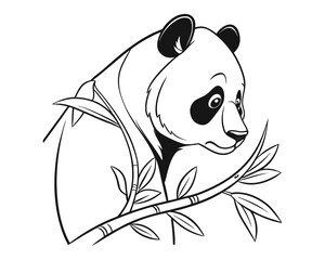 A black and white sketch of a panda bear's head and shoulders, nestled amongst stylized bamboo branches and leaves