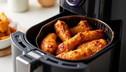 Crispy air-fryer chicken perfectly cooked fried wings in a cozy kitchen environment side angle view