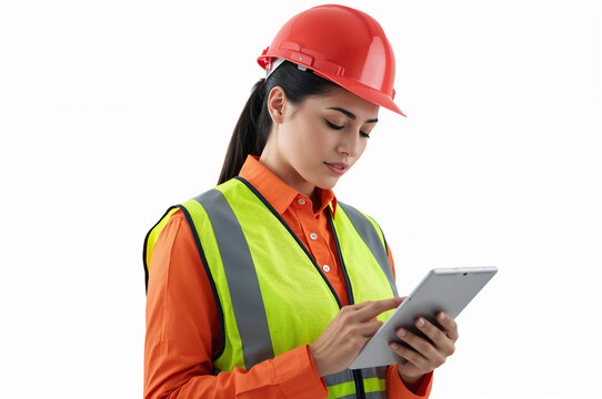 Woman in hard hat and safety vest using a tablet