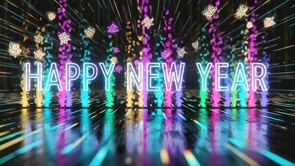 Happy New Year neon text glowing celebration party lights abstract background festive motion 4K Ai HD high quality video.
 - Powered by Adobe