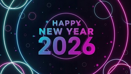 Happy new year 2026 with neon circles and abstract glowing background
