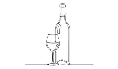 Elegant wine bottle and glass outline drawing in minimalist style single continuous line art black and white illustration silhouette