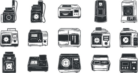 A collection of various kitchen appliances and cameras in black and white outline vector style, ideal for design projects and branding