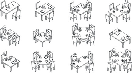 Fototapeta premium A collection of outline vector illustrations depicting various office meeting scenarios with tables and people engaged in discussions, ideal for business and teamwork themes