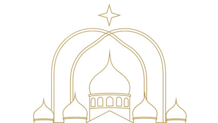 Stylized golden outline drawing of a domed building with arches and a star, resembling a mosque or cathedral.