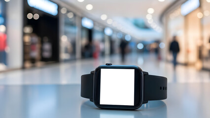 Obraz premium Smartwatch with blank screen displayed in a modern shopping mall setting