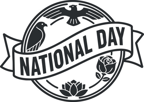 A National Day emblem featuring birds and flowers in black and white vector style, ideal for celebration designs - Powered by Adobe