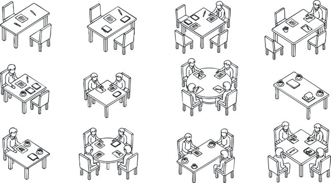 A collection of outline vector illustrations depicting various office meeting scenarios with tables and people engaged in discussions, ideal for business and teamwork themes