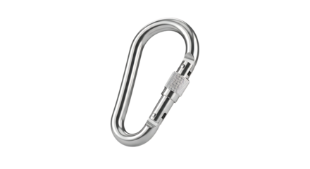 Silver metal carabiner climbing clip, threaded locking sleeve, cutout, PNG isolated on white or transparent background