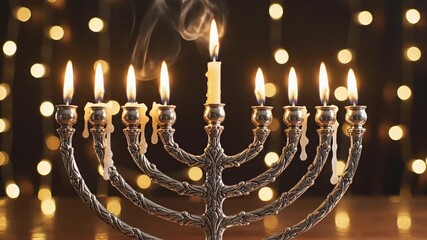 Hanukkah menorah candles burn brightly, celebrating the Festival of Lights with a warm, festive glow against a bokeh background