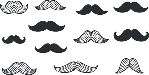A collection of various mustache designs in black and white vector style, perfect for barber shops and grooming themes