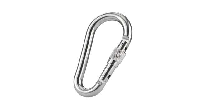 Silver metal carabiner climbing clip, threaded locking sleeve, cutout, PNG isolated on white or transparent background