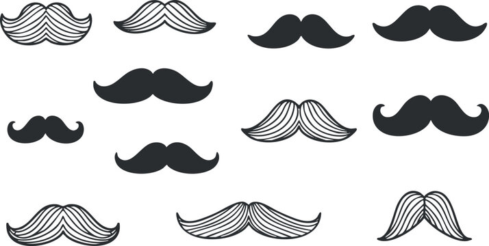 A collection of various mustache designs in black and white vector style, perfect for barber shops and grooming themes