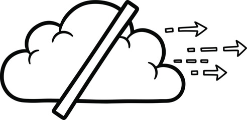 Doodle simple cloud with a slash icon, hand-drawn solid black on white, indicating no cloud service, quick data transfer sketch