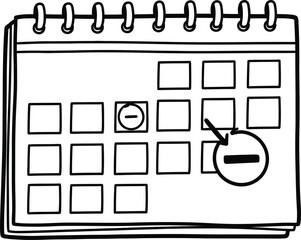 Doodle simple calendar with a minus icon, hand-drawn solid black on white, quick remove event sketch