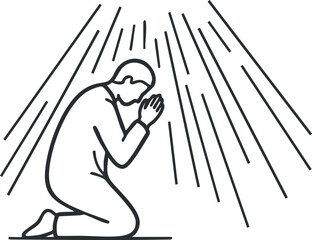 A person kneeling in prayer with hands clasped, depicted in minimalist outline vector style, suitable for spiritual themes and religious contexts