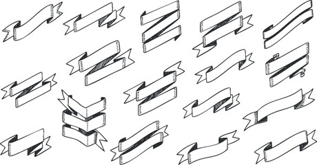 A collection of decorative ribbons and banners in black and white outline vector style, ideal for graphic design projects and branding