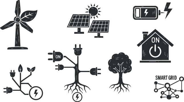A collection of renewable energy icons including wind turbines, solar panels, trees, and battery symbols in black and white vector style, ideal for eco-friendly projects and technology designs