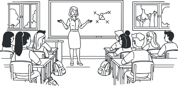 A teacher presenting in a classroom with students engaged in a black and white outline vector style, ideal for educational materials