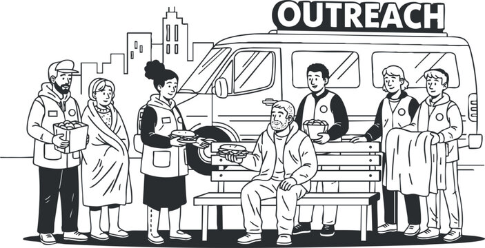A group of volunteers providing outreach services, with a food van and community members in black and white vector style, ideal for social service campaigns