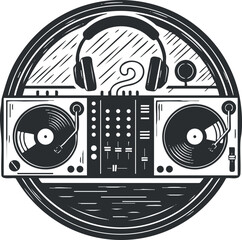 A vintage DJ turntable setup with headphones and audio equipment in black and white illustration style, ideal for music-related branding