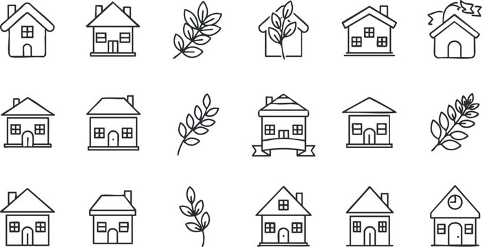 A collection of house and leaf icons in clean outline vector style, ideal for home decor branding and real estate marketing