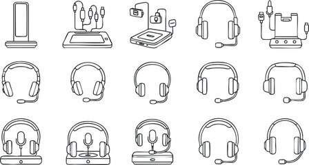 A set of various headphone and headset designs in black outline minimalist vector style, suitable for tech-related projects and branding