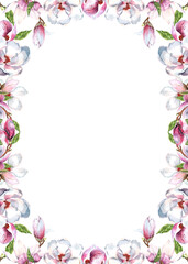 Watercolor flowers frame background for design. Floral frame card template. Vector design illustration for banner, wedding card.