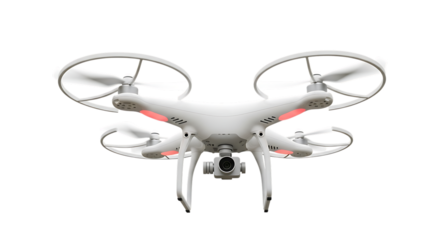 White Quadcopter Drone with Camera and Red L E D Lights isolated on a transparent background aerial vehicle