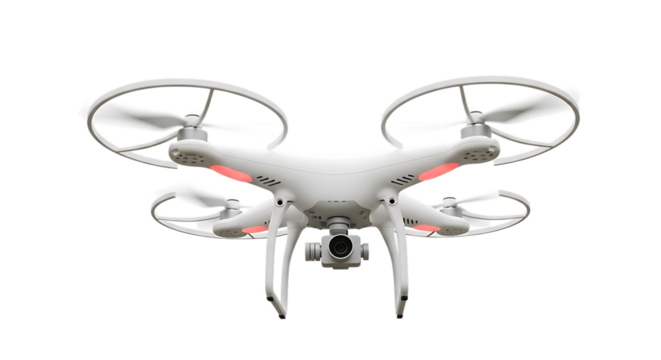 White Quadcopter Drone with Camera and Red L E D Lights isolated on a transparent background aerial vehicle