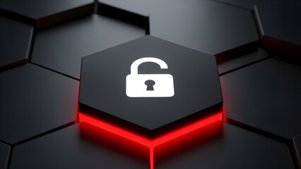 Unlocked padlock icon on dark hexagon background