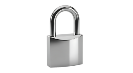 Shiny silver padlock, a curved shackle and rectangular body, cutout, PNG isolated on white or transparent background