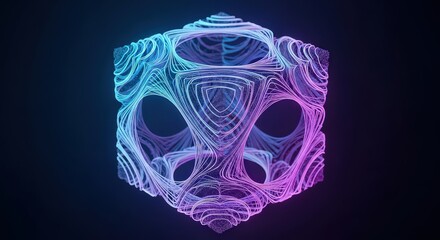 Intricate abstract geometric sculpture with bioluminescent neon glow and organic textures illuminated by purple and blue light