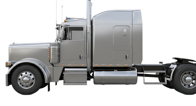 Polished silver semi-truck cab with chrome accents and black tires isolated on a transparent background