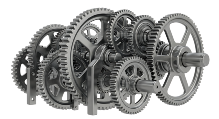 Interlocking metal gears and shafts, a complex mechanical assembly, cutout, PNG isolated on white or transparent background