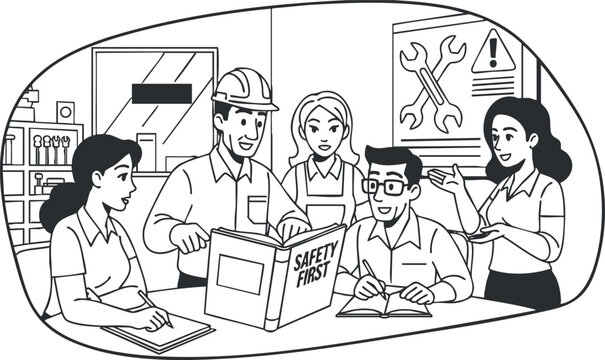 A group of workers discussing safety protocols in a black and white vector illustration, ideal for safety training materials