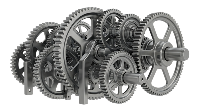 Interlocking metal gears and shafts, a complex mechanical assembly, cutout, PNG isolated on white or transparent background