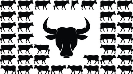 Black vector illustration showing a bull head symbol surrounded by a frame of walking cows and cattle silhouettes.