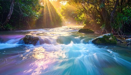 Sunlight Streams Through Lush Forest Canopy Illuminating a Crystal Clear River with Sparkling Water Over Moss Covered Rocks in a Serene Natural Landscape