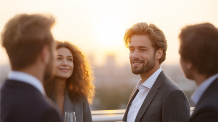 Business team standing outdoors at sunset, smiling and talking, representing collaboration, diversity, leadership and modern professional culture in warm evening light.