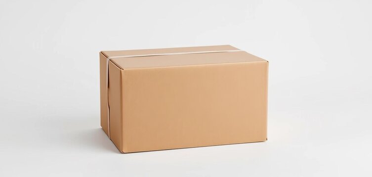 Plain brown cardboard box, sealed, on white background,  business,  warehouse