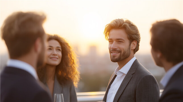 Business team standing outdoors at sunset, smiling and talking, representing collaboration, diversity, leadership and modern professional culture in warm evening light.