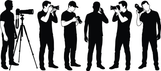 Set of black vector silhouettes showing male photographers taking pictures with dslr cameras, using tripod, and talking on phone.