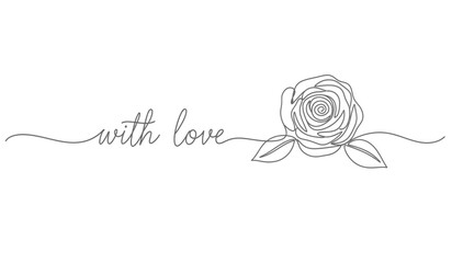 Elegant rose flower and with love text in a continuous line drawing style minimalist design for valentine s day or wedding invitations silhouette