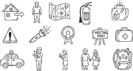 Obraz premium A collection of emergency and safety icons including a house, fire extinguisher, map, and first aid kit in black outline style, suitable for safety awareness projects