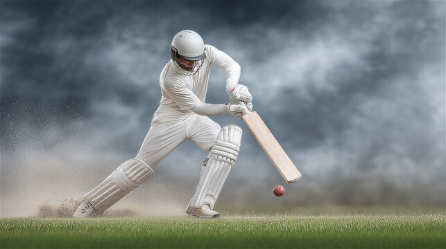 Cricket player in white uniform hitting ball on grassy field under dramatic sky, showcasing motion, precision, athletic performance and competitive sports moment.