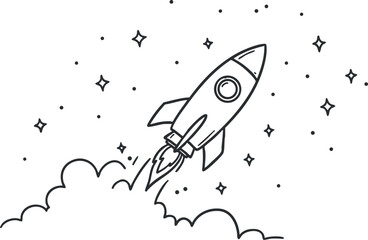 Obraz premium A rocket launching through space surrounded by stars and clouds in a minimalist outline vector style, perfect for technology and innovation projects