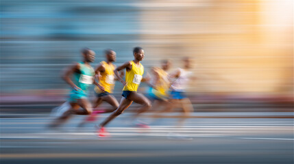 Group of runners sprinting at high speed with strong motion blur, symbolizing energy, teamwork, modern urban fitness and competitive spirit in dynamic street environment.